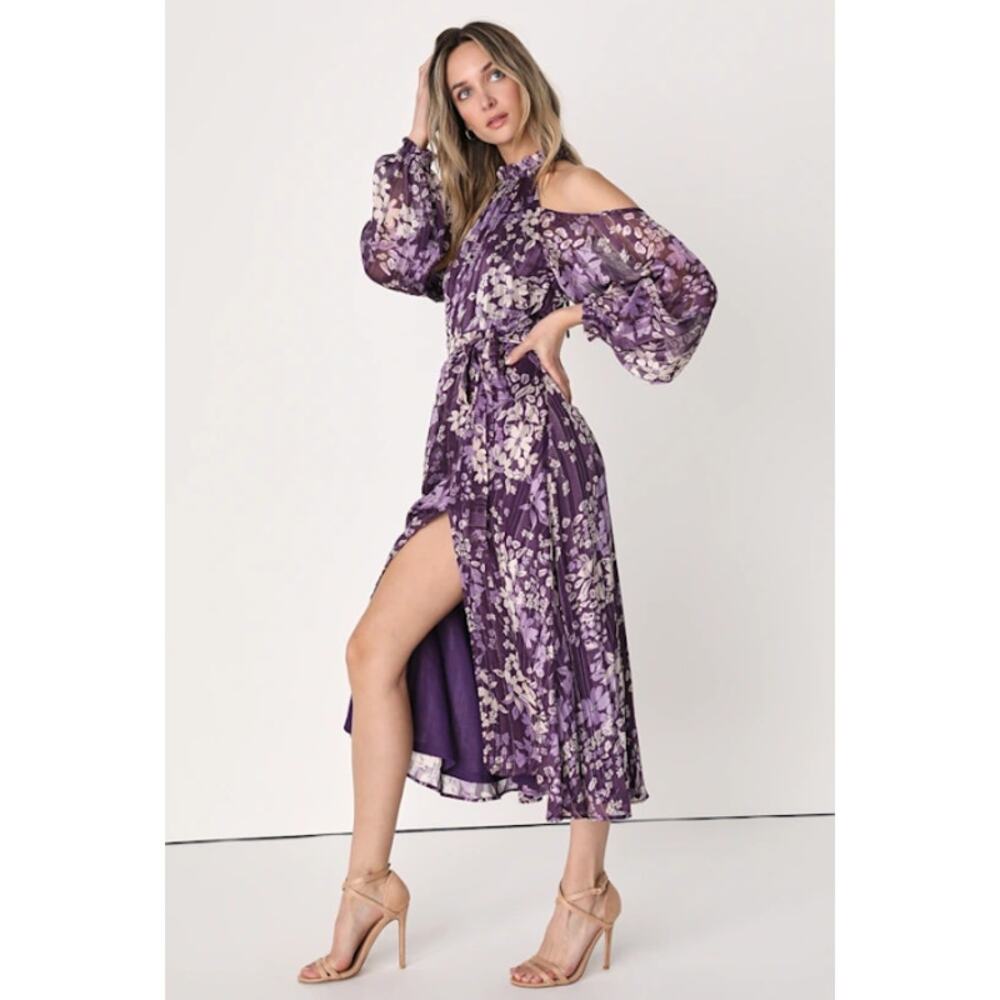 Lulus Storybook Sweetheart Cold Shoulder Midi Dress Floral Halter Ruffle Belted - Picture 3 of 13